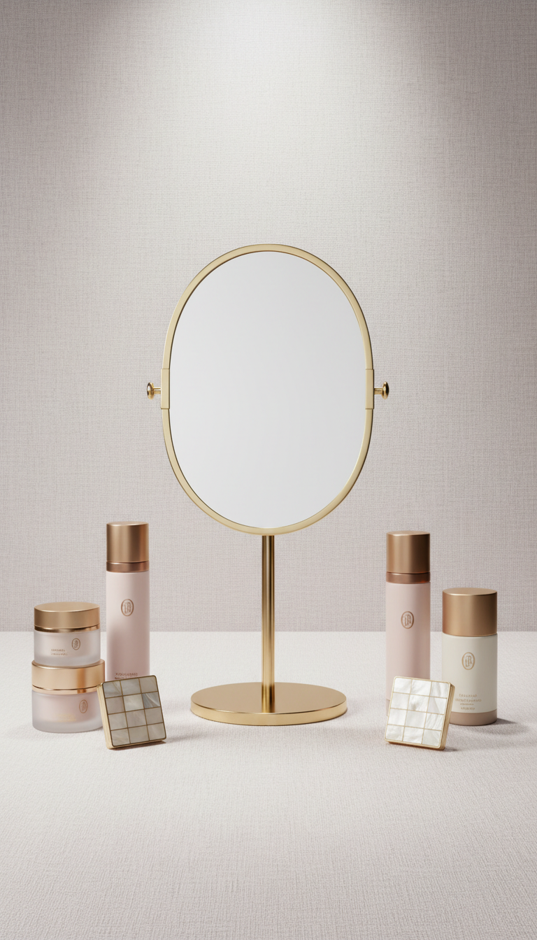 Miroir beauté sur pied liseré or